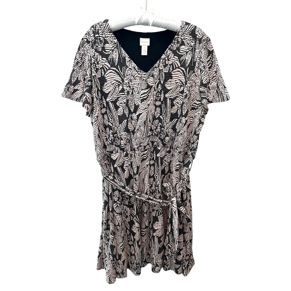 CHICO’S Black Blush Abstract Floral Print Belted V Neck Midi Dress Size 3 XL